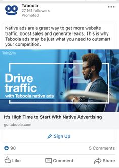 the facebook page for drive traffic with tabobia native advertising on it's side