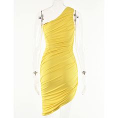 Yellow Pleated One-shoulder Bodycon Dress Midi Party Dress, Angel Outfit, Backless Dresses, Dresses Bodycon, Ruched Dress, Bodycon Dresses, Women Dresses, Sizing Chart, Season Summer