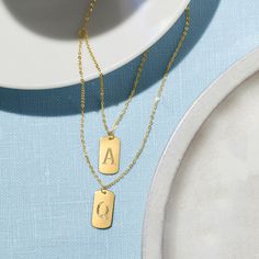 Ross-Simons - Plain - Italian 14kt Yellow Gold Double Dog Tag Layered Necklace. 20". Meaningful layers, in an instant! Our 14kt yellow layered necklace from Italy achieves the multi-tiered trend with ease. Features two petite dog tags suspended from classic cable chains. Springring clasp, 14kt yellow gold double dog tag layered necklace. Script Type, Layered Necklace, Dog Tag, Cable Chain, Layered Necklaces, Dog Tags, Initials, Cable, Yellow Gold