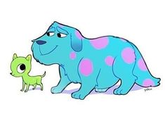 a drawing of a blue dog and a green puppy standing next to each other on a white background