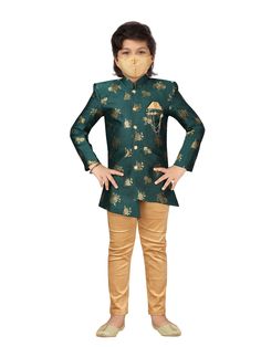 This sherwani breeches suit set for kids; which will give your little boy a ethnic outfit texture and will fetch lot of ravishing compliments for your child. The fabric used for this product is Jacquard Blend with keeping in mind the all day clothing comfort for your child. You can team it with matching footwear for giving a marvellous look to your child. Suitable for festive occasions; parties and weddings and other traditional events. * Please share your phone number once you place the order, Designer Green Fitted Sherwani, Fitted Green Choli Straight Kurta, Gold Bandhgala For Navratri Designer Wear, Fitted Green Bandhgala With Resham Embroidery, Gold Straight Kurta Bandhgala For Navratri, Fitted Green Nehru Jacket With Dabka Detailing, Fitted Designer Nehru Jacket For Navratri, Festive Green Semi-stitched Sherwani, Green Fitted Bandhgala For Diwali