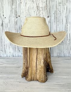 Reata style hat with rust shade suede lace band. 4" brim, 5.75" crown. Pick your size. Pick your size Fitted Western Hats For Vacation, Handmade Hat Bands For Beach, Handmade Fitted Hat Bands For Beach, Fitted Country Hat For The Beach, Rustic Fitted Hats For The Beach, Western Fitted Hat Bands For Vacation, Country Style Fitted Straw Hat With Wide Brim, Rustic Fitted Beach Hat, Western Style Fitted Beige Sun Hat