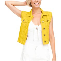 Step up your style game with Anna-Kaci Women's Distressed Denim Crop Vest, a cute and versatile sleeveless vest perfect for adding a touch of vintage-inspired flair to any outfit. Whether thrown over a slip dress or a tee shirt, paired with sneakers or wedges, the styling possibilities are endless with this light wash denim vest. Sleeveless Denim Jacket For Fall, Casual Sleeveless Denim Vest For Spring, Trendy Sleeveless Vest For Spring, Fall Day Out Cotton Denim Vest, Sleeveless Denim Spring Vest, Sleeveless Denim Vest For Spring, Cotton Denim Vest With Pockets For Day Out, Casual Sleeveless Denim Vest, Spring Cotton Denim Vest For Day Out