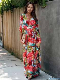 Orcajump - Floral Print Batwing Maxi Dress, Vacation Beach Maxi V Neck Dress, Women's Clothing Maxi Dress Vacation, Dress Vacation, Vacation Beach, Pattern Blocks, Bat Wings, V Neck Dress, Beach Vacation, Types Of Printing, Color Block