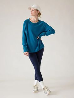 Coaster Luxe Recover Sweatshirt | Athleta Everyday Crew Neck Long Sleeve Top With Thumbholes, Snug Crew Neck Top For Fall, Fall Stretch Long Sleeve Athleisure Top, Fall Stretch Long Sleeve Top In Athleisure Style, Comfortable Fall Workout Tops, Comfortable Workout Tops For Fall, Fall Athleisure Tops With Raglan Sleeves, Relaxed Fit Tops For Yoga In Fall, Relaxed Fit Yoga Tops For Fall