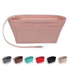 a pink purse with four different colors and zippers