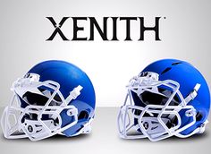 two blue football helmets with the words xenth on them are facing each other