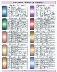 the color chart for different colored threads in various sizes and colors, with instructions to choose