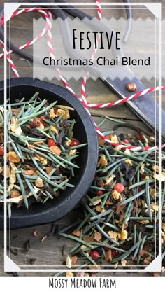 festive christmas chai blend in a black bowl with red and white twine