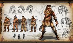 the concept art for person's character sheet, including armor and headgear