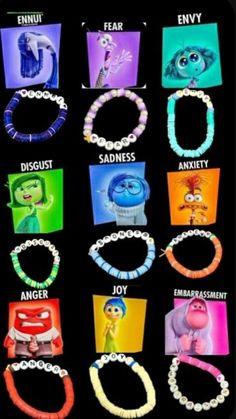 some bracelets that have different characters on them and the words in each one are spelled with