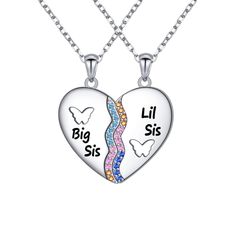 PRICES MAY VARY. 💕【Sisters Gifts from Sister】Having a sister is like having a best friend you can’t get rid of. These matching heart sister necklaces for 2 features butterfly with colorful cubic zirconia. Wherever we go, sisters' hearts are always together. 💕【MATERIAL】Real 925 sterling silver, engraved with “S925” , which is nickel-free, lead-free and hypoallergenic. Great gifts for sisters. 💕【SIZE】The big sis little sis necklace includes 2 necklaces, both necklaces' lengh chain are all 16+2 Matching Necklaces For Sisters, Silver Double Heart Necklaces For Friendship, Sister Necklace For 2, Silver Double Heart Necklace For Friendship, Silver Heart Charm Necklace For Friendship, Silver Heart Necklace For Friendship, Silver Heart Necklace For Best Friend On Valentine's Day, Mother's Day Silver Necklace For Best Friend, Silver Heart Necklace With Charm For Best Friend