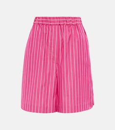 Leisure Vezzo striped cotton shorts in pink - Max Mara | Mytheresa Short Bottoms With Contrast Stripes For Spring, Spring Bottoms With Contrast Stripes, Striped Cotton Shorts For Spring, Spring Striped Cotton Shorts, Spring Bermuda Shorts In Pink, White Striped Shorts For Spring, Pink Bermuda Cotton Shorts, Pink Vertical Striped Bottoms For Summer, Pink Bottoms With Vertical Stripes For Summer