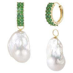 Discover Nina Zhou Emerald Hoop Earrings with Baroque Pearl Enhancers in 18k Yellow Gold. These earrings blend the serene glow of Pearls with the timeless sparkle of emerald, all cradled in a delicate, classic hoop design. Enhanced by lustrous baroque pearls, each with its own unique character, these earrings are truly exceptional. What sets them apart is their versatility—wear them as captivating drop earrings or detach the pearls for a subtle yet equally alluring look. Each pair is meticulously handcrafted, a testament to our commitment to craftsmanship and artistry. For a touch of celestial beauty, whether at a special event or everyday elegance, the Nina Zhou Convertible Earrings are your key to timeless sophistication. Illuminate your style; shop now and make every moment unforgettabl Convertible Earrings, Gold Hoop, Baroque Pearls, Special Events, Emerald, Pearl Earrings, Sparkle, Hoop Earrings, Yellow Gold