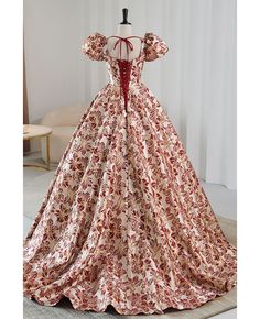 10% off now! Buy unique burgundy floral pattern ballgown prom dress with sleeves at cheap price online. Free stable shipping and pro custom service since 2009. Ballgown Prom Dress, Prom Dress With Sleeves, Combination Dresses, Historical Clothes, Satin Evening Dresses, Christmas Tree Inspiration, Evening Dresses Cocktail, Dress With Sleeves