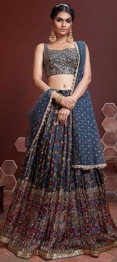 Blue color Lehenga in Art Silk fabric with Embroidered, Printed, Thread work Blue Semi-stitched Sharara With Motifs, Blue Semi-stitched Motif Sharara, Semi-stitched Blue Sets With Motifs, Designer Blue Lehenga With Motifs, Blue Embroidered Fabric With Dupatta For Reception, Blue Embroidered Fitted Fabric For Navratri, Blue Fitted Embroidered Fabric For Navratri, Semi-stitched Blue Lehenga With Motifs, Blue Embroidered Fabric With Motifs For Wedding