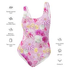 Garden Floral One-Piece Swimsuit – The Happy Fun Shop Fitted Beachy Bodysuit For Spring, Spring Beachy Fitted Bodysuit, Summer Stretch Tankini For Swimming, Stretch Tankini For Summer Swimwear, Beachy Fitted Bodysuit For Spring, Stretch Leotard For Summer Pool Activities, Fitted Spring Tankini With Uv Protection, Spring Poolside Swimwear With Lined Body, Fitted Tankini With Uv Protection For Spring