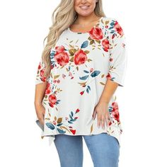 SHOWMALL Plus Size Tunic Top is going to be the newest staple in your wardrobe! It is suitable for everyday wear.The style of this plus size tunic offers a versatile fit that's great in a day for casual entertainment. Material: Plus size casual tunic made of high quality fabric, soft, breathable, lightweight, stretch and comfy to wear in this spring, summer, autumn and winter. No see-through, no shrink, let you show off a grace look. Features: Loose waist 3/4 sleeve plus size shirt for women des White Printed Half Sleeve Blouse, White Floral Print Half Sleeve Tops, White Floral Print Blouse With 3/4 Sleeves, Loose Fitting Clothes, Flowy Shirts, Plus Size Tunic, Short Sleeve Tunic Tops, Fitting Clothes, Flowy Shirt