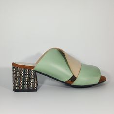 Never Worn Made In Italy Turquoise And Beige Faux Leather Interlocking Bands Padded Faux Leather Footbed 2 Inch Block Heel With Tapestry Detail Vegan - Animal Free European Size 37 Beige Sandals With Contrasting Heel For Spring, Green Sandals With Contrasting Heel Counter, Cream Sandals With Contrasting Heel Counter And Round Toe, Green Sandals With Contrasting Heel Counter For Spring, Spring Green Sandals With Contrasting Heel Counter, Spring Leather Sole High Block Heels, Spring High Heel Block Heels With Leather Sole, Trendy Block Heels With Leather Sole, Spring Block Heels With Leather Sole