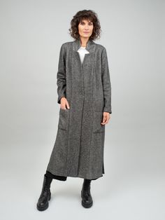 Long softly draping coat with big patch pockets and a false revers, as well as high side slits. 49% Wool, 36% Cashmere, 15% Silk  Keep away from fire!  MANUFACTURER INFORMATION: Helene Galwas GmbH Schlosshof 7 82229 Seefeld Germany Phone: +49 89 416 137 431 E-Mail: shop@helenegalwas. de Long Wool Single-breasted Outerwear, Draped Coat, Herringbone Coat, Airy Dress, Blazer With Jeans, Mens Jewelry Bracelet, Every Woman, Coat Dress, Fast Fashion