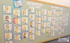 a bulletin board with pictures of people on it