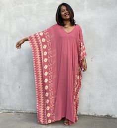 MALA handworks Luna Kaftan in Evening Rose and Pattern Silkscreen Patterned Kaftan With Flowy Kimono Sleeves, Patterned Flowy Kaftan With Kimono Sleeves, Flowy Patterned Kaftan With Kimono Sleeves, Printed Free Size Kaftan With Kimono Sleeves, Traditional Printed Kaftan With Kimono Sleeves, Traditional Flowy Printed Dresses, Batik Print Free Size Kaftan For Beach, Free Size Batik Print Kaftan For Beach, Flowy Printed Kaftan For Festival