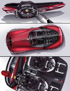 an overhead view of a red sports car from above and below, with the driver's seat down