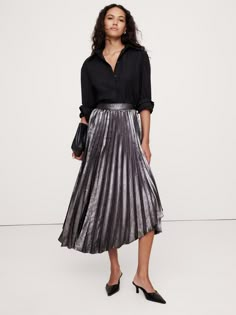 Pleated Asymmetrical Midi Skirt | Banana Republic Metallic Pleated Skirt Outfits, Outfits With Midi Skirts, Silver Pleated Skirt, Midi Skirt Winter, Pleaded Skirt, Skirts Ideas, Pleated Skirt Outfit, Asymmetrical Midi Skirt, Metallic Pleated Skirt