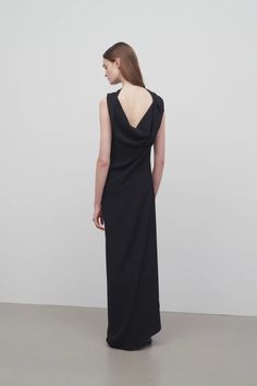 Nassau Dress Black in Silk – The Row Pre-draped Evening Dress With Cowl Back, Formal Pre-draped Dresses With Cowl Back, Evening Dress With Pleated And Cowl Back, Formal Dresses With Pleated And Cowl Back, Pre-draped Cowl Back Evening Dress, Sleek Cowl Back Evening Dress, Elegant Fluid Dress For Evening, Towel Scarf, Bateau Neckline