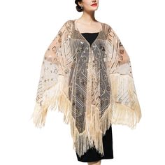 PRICES MAY VARY. 💓【Premium Fabric】1920s shawl make of high quality mesh fabric,lightweight and breathable. 💓【Classic design】 Sheer evening capes decorated with glittery sequins and braided tassels hanging down from both ends. 💓【Size Chart】Free size.It can hold up to 3X.Don't worry you won't fit in 💓【Exquisite workmanship】This Flapper shawl has multiple sequins and beaded embellishments,the fringe are naturally drooping and flowing,elegance and luxury. 💓【1920s Accessories for Women】The 1920s Elegant Fringed Shawl For Wedding, Gold Bohemian Shawl For Festive Occasions, 1920s Shawl, White Fringe Shawl, 1920s Flapper Fur Shawl, Elegant One-size Shawl With Fringe, Flapper Accessories, Art Deco Party, Harlem Nights