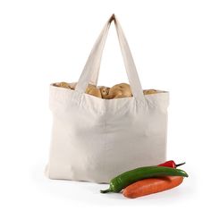 a bag full of potatoes and carrots next to a white bag with two peppers