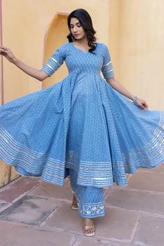 Shop for Pomcha Jaipur Blue Floral Print Cotton Anarkali Set for Women Online at Aza Fashions Jaipur Anarkali, Pomcha Jaipur, Leaf Sleeve, Blue Anarkali, Palazzo Style, Cotton Anarkali, Straight Fit Pants, Printed Dupatta, Cotton Dupatta