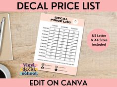 a pink price list on a wooden table next to a cup of coffee and pen