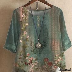 Olivia Mark - Floral Print Crew Neck Blouse, Vintage Half Sleeve Loose Blouse, Women's Clothing Online Shopping Clothes Women, Stylish Blouses, Vintage Flower Prints, Womens Flannel Shirt, Womens Trendy Tops, Loose Fit Shirts, Common Thread, Women Long Sleeve Tops, Loose Blouse