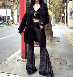 Vintage Gothic Streetwear Hippie High Waist Lace Hollow Embroidery Patchwork Flare Pants Punk Trousers Y2K Streetwear Party Dance Hot Style Amazing  Measurement (stretchy) Size (cm): S-M-L Waist:62-70, 66-74, 70-78  Hip:77-90, 81-94, 85-98 Thigh:46-54, 48-56, 50-58   Length:103-105-107   Color:Black  Care Note: Please write down shipping address and order's color, size or other instructions when checkout, thanks. Enjoy shopping!  Please kindly leave your contact number, because shipping company Whimsigothic Pants, Grunge Style Pants For Fall Cosplay, Grunge Style Pants For Cosplay In Fall, Grunge Pants For Fall Cosplay, Fall Cosplay Grunge Pants, Goth Flare Pants Outfit, Punk Style Pants For Fall Party, Punk Style Fall Pants For Party, Harajuku Fitted Streetwear Bottoms