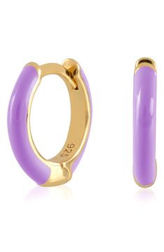 Easy-to-wear hoop earrings will add significant polish to even your most casual ensembles. 1/2" drop; 1/8" width Hinge with snap-post closure Sterling silver with goldtone plate/enamel Imported Trendy Gold Enamel Hoop Earrings, Trendy Enamel Huggie Earrings, Trendy Small Hoop Purple Jewelry, Trendy Purple Small Hoop Jewelry, Trendy Enamel Hoop Jewelry, Trendy Round Enamel Hoop Earrings, Hoop Huggie Earrings In Enamel, Huggie Hoop Earrings, Nordstrom Rack