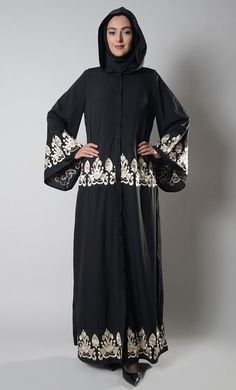 Hoodie style thread embroidered abaya dress - EastEssence.com Arabian Abaya, Embroidered Abaya, Floral Wallpaper Phone, Hoodie Style, Abaya Dress, Thread Embroidery, Wallpaper Phone, Crepe Fabric, Xl Dress