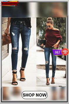 Fashion Denim Pencil Pants Ripped Skinny Jeans for Women Pants Ripped, Wide Leg Denim Jeans, Jeans Casual, Pencil Pants, Jeans For Women, Waist Jeans, Wide Leg Denim, Long Pants, Casual Jeans