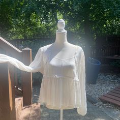 Beautiful Off-White Top. Lightweight But Long Sleeved So It Can Be Worn Across Seasons! Very Gauzy Feminine Material. Looks Amazing With Jeans, Skirts, Or Basically Anything. Just An Amazingly Pretty Top!! Easy Care 100% Polyester- Machine Wash And Tumble Dry! No Tags But Never Worn. Fall Peasant Top For Brunch, Billowy Casual Peasant Top For Day Out, Casual Billowy Peasant Top For Day Out, Fall Beach Peasant Top, Summer Peasant Top For Daywear, White Long Sleeve Peasant Top For Fall, Bohemian Cotton Peasant Top For Brunch, Casual Flowy Peasant Top For Brunch, Bohemian Peasant Top For Brunch In Summer