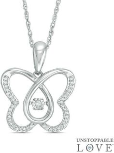 Zales Unstoppable Loveâ„¢ 1/8 CT. T.W. Diamond Butterfly Pendant in Sterling Silver White Diamond Butterfly Charm Necklace, Diamond Butterfly Necklace In Fine Jewelry Style, White Diamond Butterfly Necklace, Diamond Butterfly Charm Jewelry, Diamond Jewelry With Butterfly Charm For Formal Occasions, Formal Diamond Jewelry With Butterfly Charm, Fine White Gold Butterfly Jewelry, Diamond Butterfly Necklace With Diamond Accents, White Diamond Butterfly Necklace As Gift