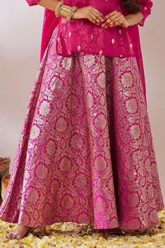 Pink lehenga in banarasi brocade base with floral pattern. Paired with a banarasi brocade top and sequin detailed dupatta. - Aza Fashions Brocade Skirts, Brocade Top, Brocade Lehenga, Banarasi Brocade, Brocade Skirt, Pink Lehenga, Set Women, Pink Cotton, Set For Women