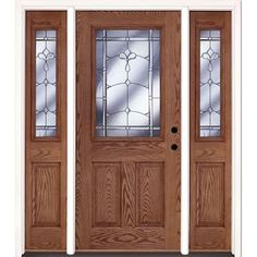 a wooden door with two sidelights and glass panels on the top half of it