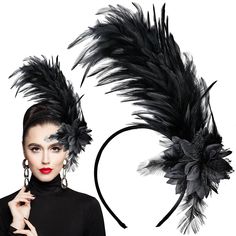 PRICES MAY VARY. 【1920s Fascinator Headbands】: Fashionable and noble feather hair clips are specially designed for women, full of elegance, women's feather headpiece were popular in the 1920s, soft feathers, streamlined overall body, perfectly modifying the face shape, showing elegance. 【Exquisite Gift】: This fashion derby hat can be matched with any party clothing styles, such as maxi dresses, dresses, dresses, etc. the retro style of the tea party headbands for women will make you more charmin Black Flapper Costume Accessories For Costume Party, Black Flapper Accessories For Costume Party, Retro Black Costume Accessories For Party, Black Retro Party Costume Accessories, Retro Black Party Costume Accessories, Vintage Black Headpieces For Parties, Vintage Fitted Costume Hats And Headpieces For Carnival, Vintage Black Fascinator For Costume Party, Vintage Fitted Costume Hats For Carnival