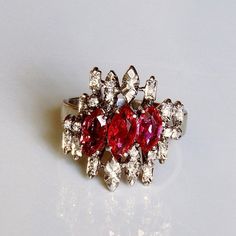 1970s Ruby Diamond Cluster Ring 14K 14kt White Gold Mid Century Ruby Ring Unique Ruby Ring Ruby Cock Luxury Ruby Cluster Ring, Fine Jewelry Ruby Ring With Diamond For Party, Party Fine Jewelry Ruby Ring With Diamond, Luxury Marquise Red Ruby Ring, Luxury Red Marquise Ruby Ring, Luxury Red Cluster Diamond Ring, Red Ruby Diamond Multi-stone Ring, Red Ruby Multi-stone Ring With Diamonds, Formal Cluster Ruby Ring