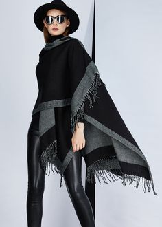 European And American Style Black Grey Tassel Oversized ShawlMade of fine Faux Cashmere.Measurement: 170cm/66.3" * 130cm/50.7". Matches easily with daily hairstyle, dresses & Shirts Black Winter Outerwear With Tassels, Black Tasseled Outerwear For Winter, Elegant Black Poncho Cape, Elegant Black Cape Poncho, Black Poncho With Scarf, One Size, Black Poncho With Scarf One Size, Black Fringe Poncho Shawl, Black Fringe Shawl One Size, Black One Size Fringe Shawl