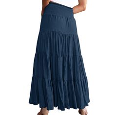 Navy Blue Bohemia Pleated High Waist Maxi Skirt Blue Flared Maxi Skirt For Vacation, Casual Ankle-length Skirt For Vacation, Non-stretch Blue Skirt For Summer, Bohemian Blue Skirted Bottoms, Bohemian Skirted Bottoms In Blue, Bohemian Solid Color Skirt For Vacation, High Waist Blue Maxi Skirt For Summer, Blue Non-stretch High Waist Skirt, Non-stretch Blue Skirt For Vacation