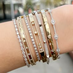 White Gold Bangles, Perfect Bracelet Stack, Bracelets Stacked, Silver Bracelet Stack, Modern Bangle, Gold Bracelets Stacked, Diamond Pendants Designs, Diamond Bracelet Design