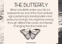 a poster with a butterfly on it that says, the butterfly when a butterfly enters your life, it is believing to be one of the most symbolic signs