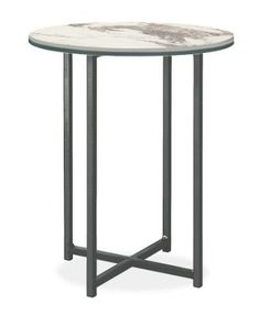 a marble top side table with metal legs and an iron base, on a white background