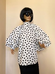 "This is a very stylish Womens cotton blouse. It is comfortable and cozy. Made for a free flowing fit. Great for all year around and for any special occasion or casual day can be dressed up or dressed down. SIZE CHART SIZE S - US 6, UK 8, EU 36 bust: bust around 34.5\"/90cm Waist: waist around 27.5\"/70cm Hips: hips around 34.5\"/90cm SIZE M - US 8, UK 10, EU 38 bust: bust around 37.5\"/95cm Waist: waist around 29.5\"/75cm Hips: hips around 37.5\"/95cm SIZE L - US 10, UK 12, EU 40 bust: bust aro Collared Polka Dot Cotton Top, Collared Cotton Polka Dot Tops, Polka Dot Collared Cotton Top, Polka Dot Cotton Collared Top, Long Sleeve Polka Dot Blouse For Summer, Elegant Cotton Shirt With Lantern Sleeves, Polka Dot Cotton Top For Fall, Elegant Cotton Lantern Sleeve Shirt, Cotton Lantern Sleeve Blouse For Daywear